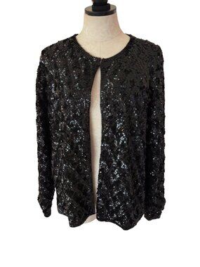 Oriental Womens Allover Black Sequin Jacket Size XL Relaxed Fit Wool Casual Chic